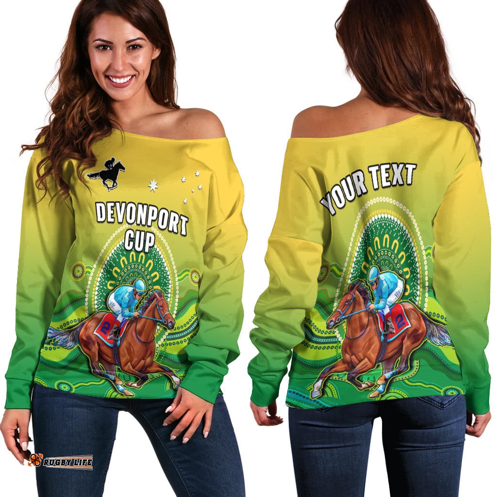 Custom Personalised Australia Devonport Cup Off Shoulder Sweater Horse Racing Indigenous Art