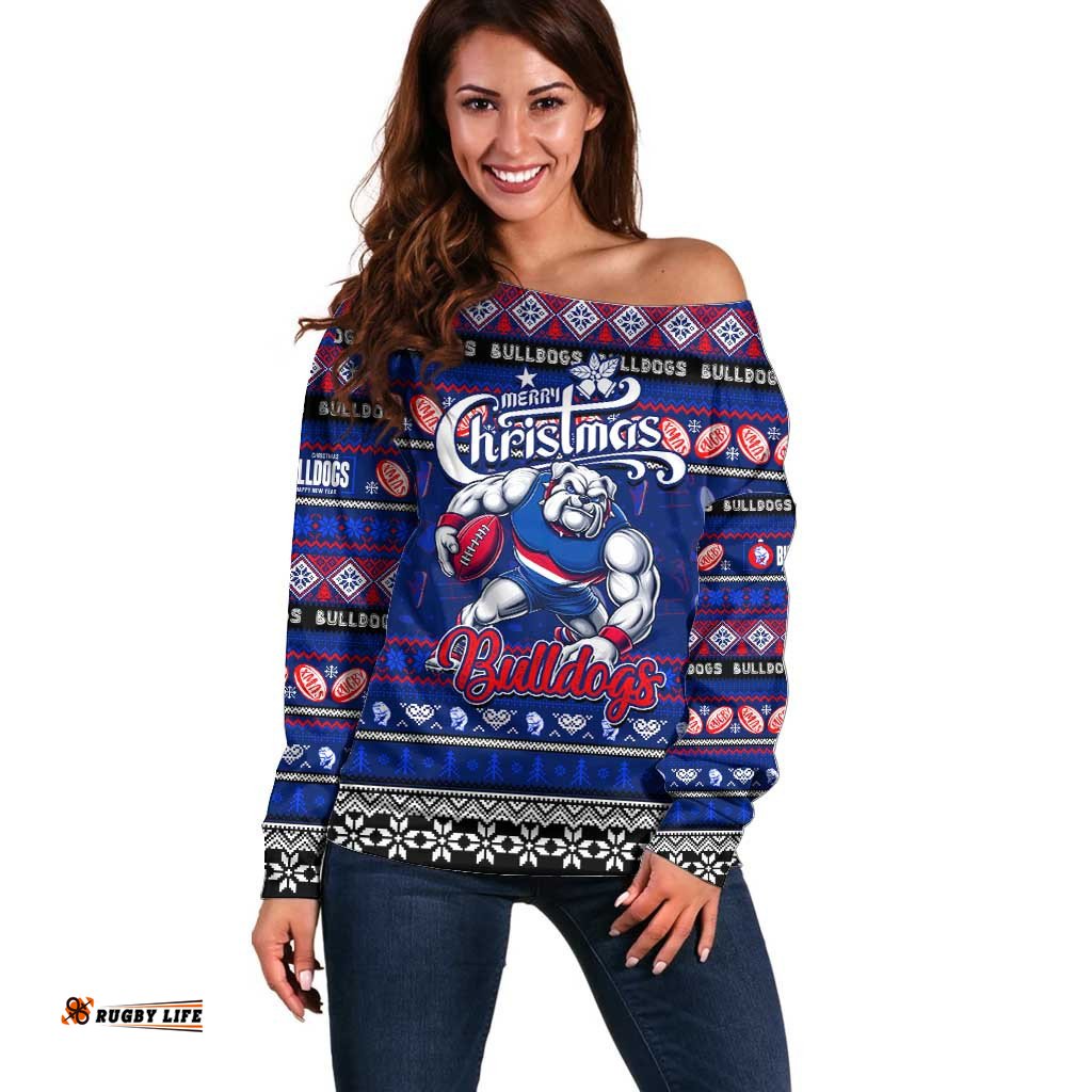 Personalized Bulldogs Football Xmas Off Shoulder Sweater Australia AFL Mascot
