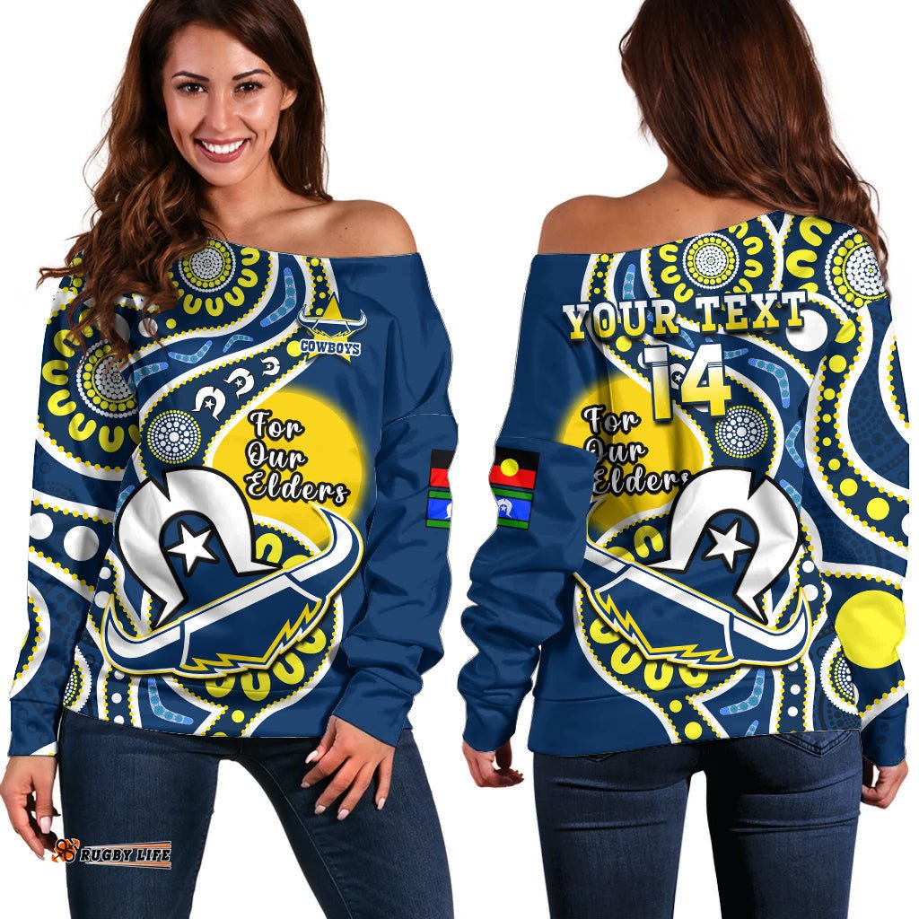 Custom Text And Number Cowboys Rugby NAIDOC Off Shoulder Sweater For Our Elders Aboriginal