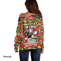 Custom Rabbitohs Rugby Merry Christmas Off Shoulder Sweater Indigenous Australian Art