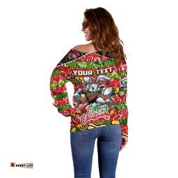 Custom Rabbitohs Rugby Merry Christmas Off Shoulder Sweater Indigenous Australian Art