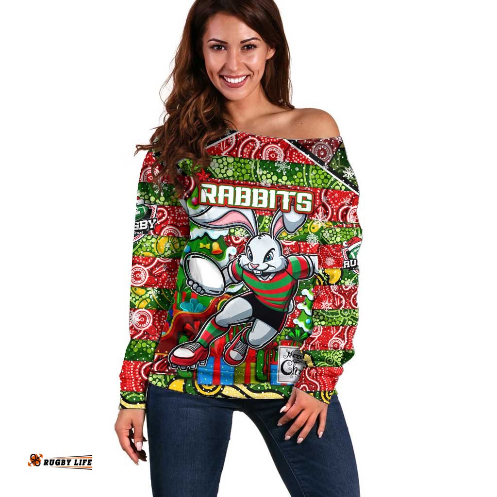 Custom Rabbitohs Rugby Merry Christmas Off Shoulder Sweater Indigenous Australian Art