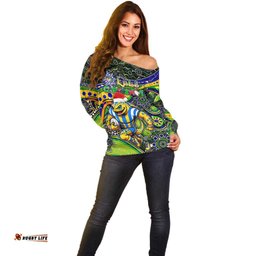 Merry Christmas Eels Off Shoulder Sweater Aboriginal Santa Rugby Mascot Parramatta
