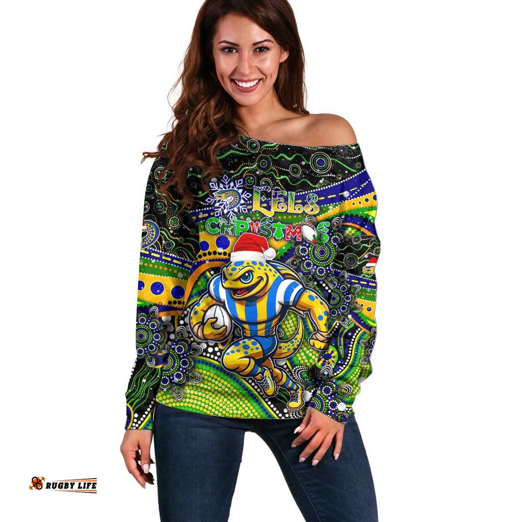 Merry Christmas Eels Off Shoulder Sweater Aboriginal Santa Rugby Mascot Parramatta