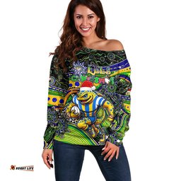 Merry Christmas Eels Off Shoulder Sweater Aboriginal Santa Rugby Mascot Parramatta