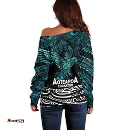 New Zealand Sulphur crested Cockatoo Off Shoulder Sweater Aotearoa Maori Mix Paua Shell