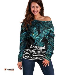 New Zealand Sulphur crested Cockatoo Off Shoulder Sweater Aotearoa Maori Mix Paua Shell
