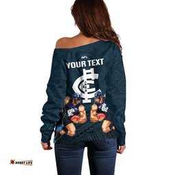 Personalised Calrton Football Off Shoulder Sweater Blues Go Champions Polynesian Indigenous Art