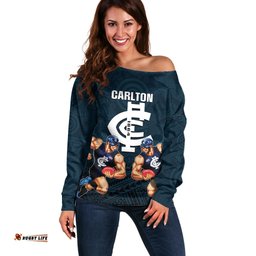 Personalised Calrton Football Off Shoulder Sweater Blues Go Champions Polynesian Indigenous Art