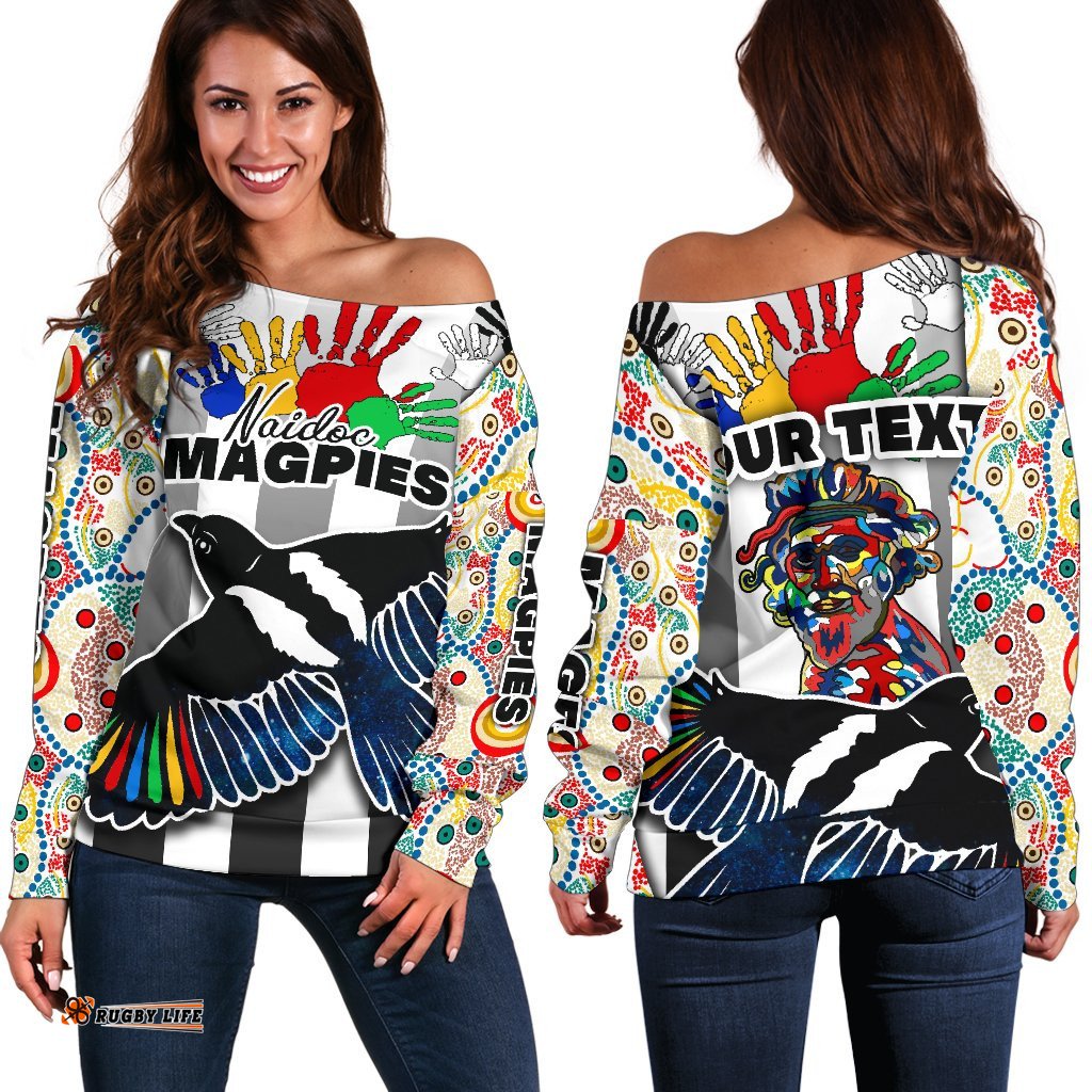 Custom Personalised Magpies Naidoc Week Women's Off Shoulder Sweater Collingwood Modern Style