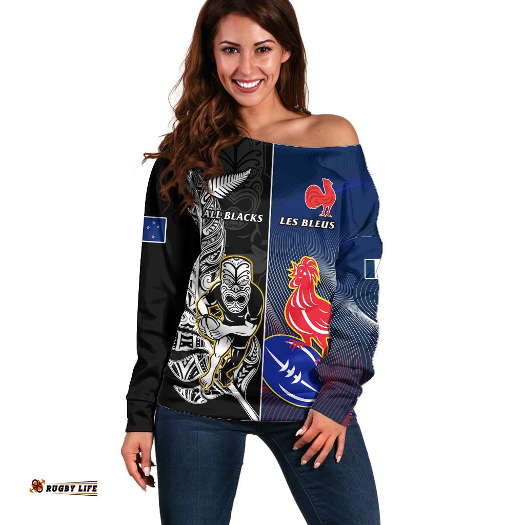 New Zealand And France Rugby Off Shoulder Sweater All Black With Les Bleus Together World Cup