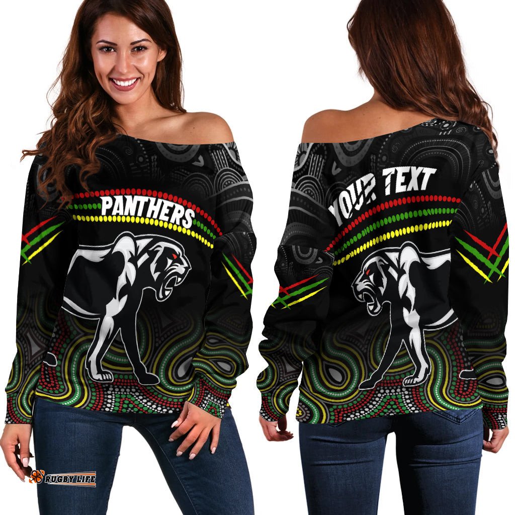 Custom Personalised Panthers Indigenous Off Shoulder Sweater Premiers Penrith Champion