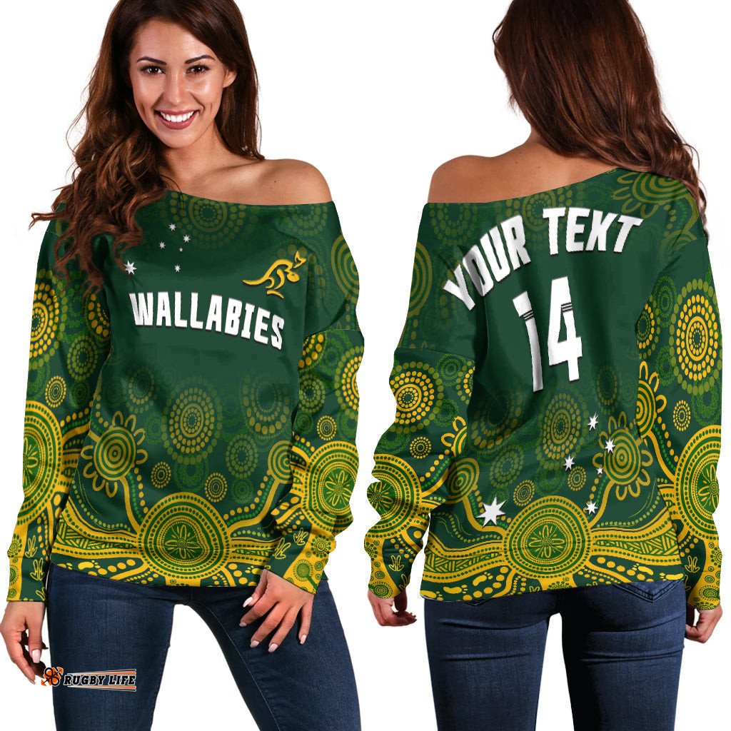 Custom Text And Number Australia Rugby Off Shoulder Sweater Wallabies Aboriginal Style