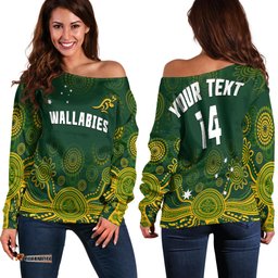 Custom Text And Number Australia Rugby Off Shoulder Sweater Wallabies Aboriginal Style