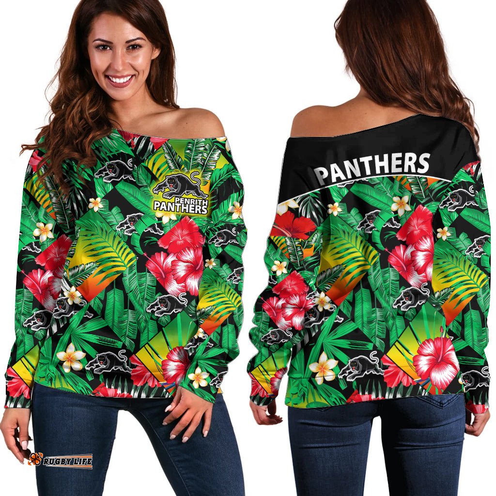 Panthers Rugby Off Shoulder Sweater Fashion Tropical Jungle Flowers