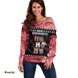 Personalised New Zealand Tiki Christmas Off Shoulder Sweater Ho Ho Ho Paua Shell Glitter Red