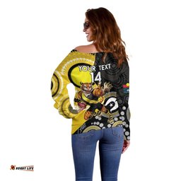 Custom AFL Richmond NAIDOC Week Off Shoulder Sweater Keep The Fire Burning Indigenous Art