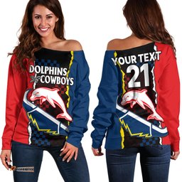 Custom Text And Number NRL Combine Dolphins and Cowboys Off Shoulder Sweater