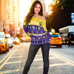 Custom Personalised Melbourne Storm Christmas Off Shoulder Sweater Aboriginal Art Merry Xmas