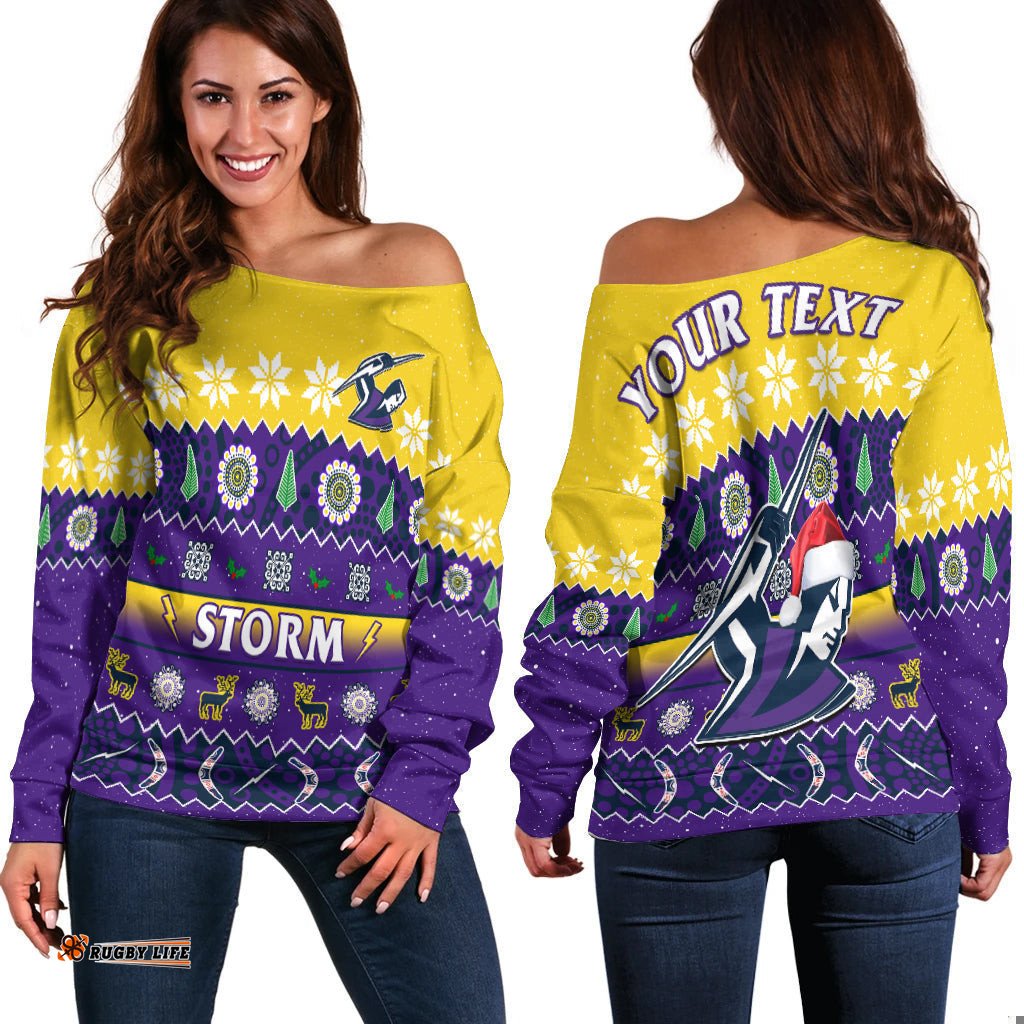 Custom Personalised Melbourne Storm Christmas Off Shoulder Sweater Aboriginal Art Merry Xmas