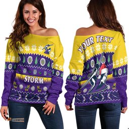 Custom Personalised Melbourne Storm Christmas Off Shoulder Sweater Aboriginal Art Merry Xmas