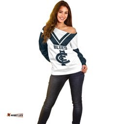Personalised Carlton Football Off Shoulder Sweater Go Blues White Simple Style