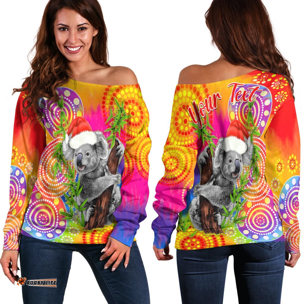 Custom Personalised Australia Koala Aboriginal Off Shoulder Sweater Rainbow Tie Dye Merry Christmas