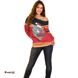 NRL Dolphins Mascot Christmas Personalised Off Shoulder Sweater Black Style