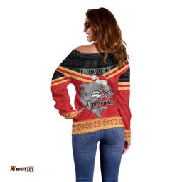 NRL Dolphins Mascot Christmas Personalised Off Shoulder Sweater Black Style