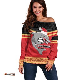 NRL Dolphins Mascot Christmas Personalised Off Shoulder Sweater Black Style