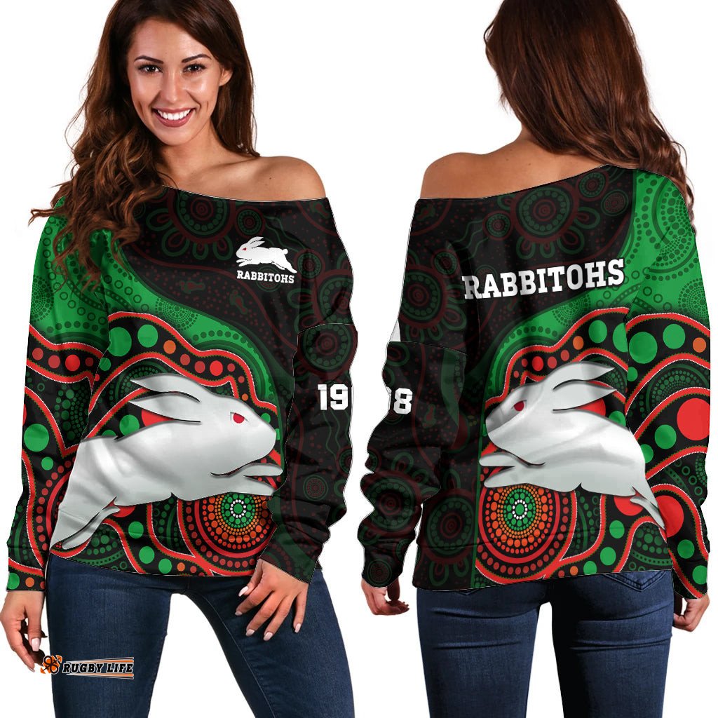 Rabbitohs Rugby Off Shoulder Sweater Go Souths Indigenous Art 02