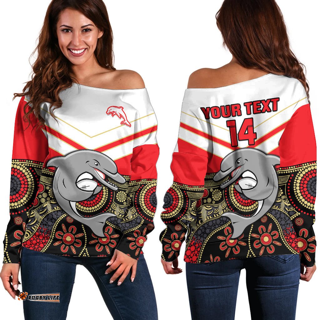 Custom Text And Number Dolphins Rugby Off Shoulder Sweater Indigenous Dynamic Version 06
