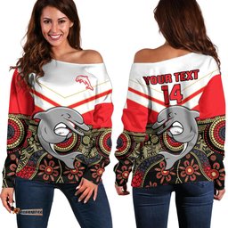 Custom Text And Number Dolphins Rugby Off Shoulder Sweater Indigenous Dynamic Version 06