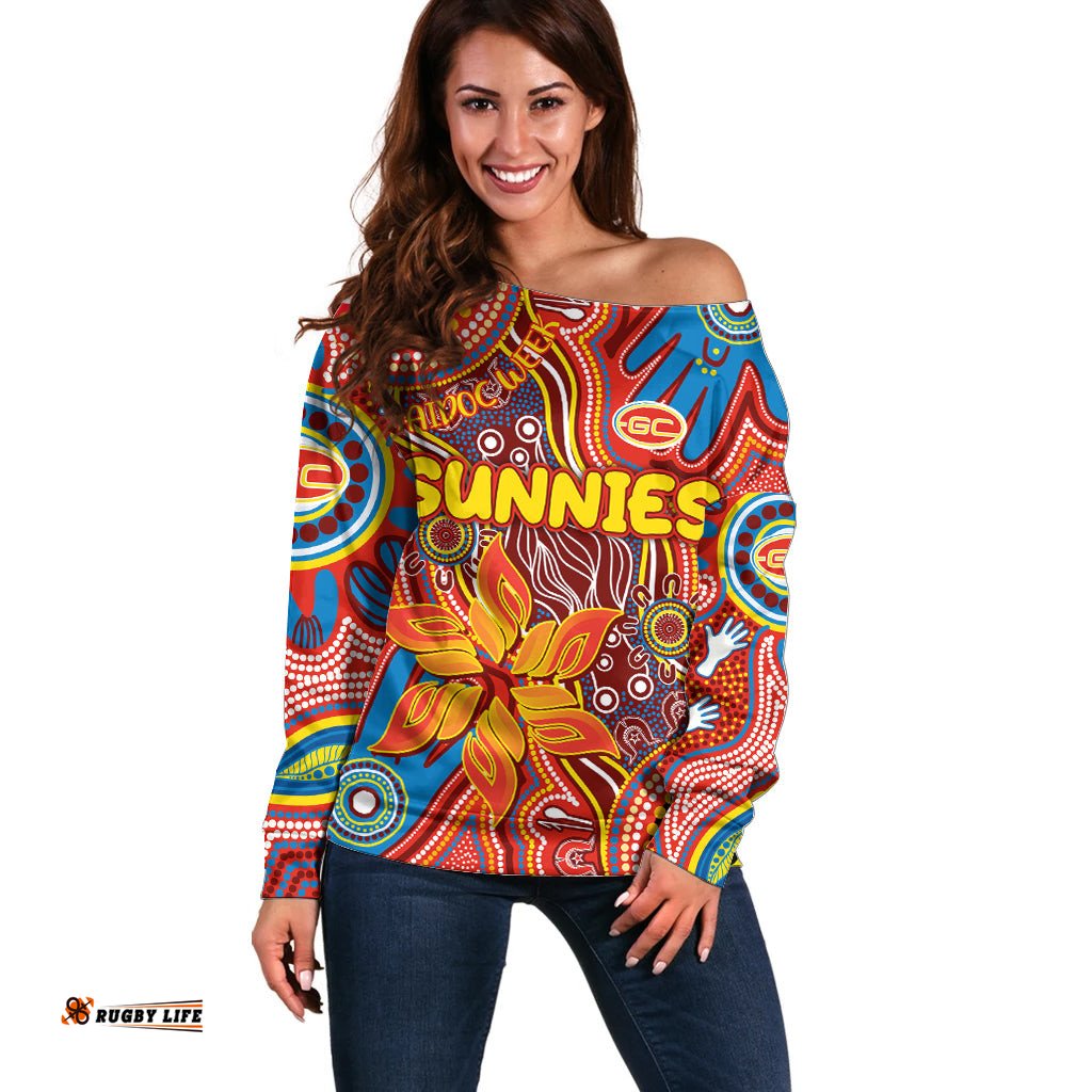 Personalised NAIDOC Week 2024 Gold Coast Suns Off Shoulder Sweater Australian Aboriginal Hand Painting
