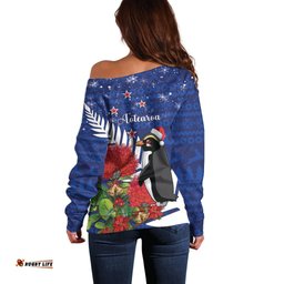 New Zealand Christmas In July Off Shoulder Sweater Fiordland Penguin With Pohutukawa Flower