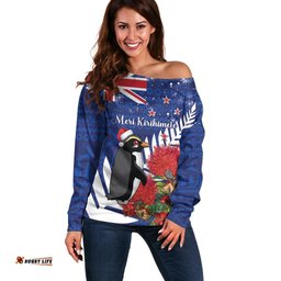 New Zealand Christmas In July Off Shoulder Sweater Fiordland Penguin With Pohutukawa Flower