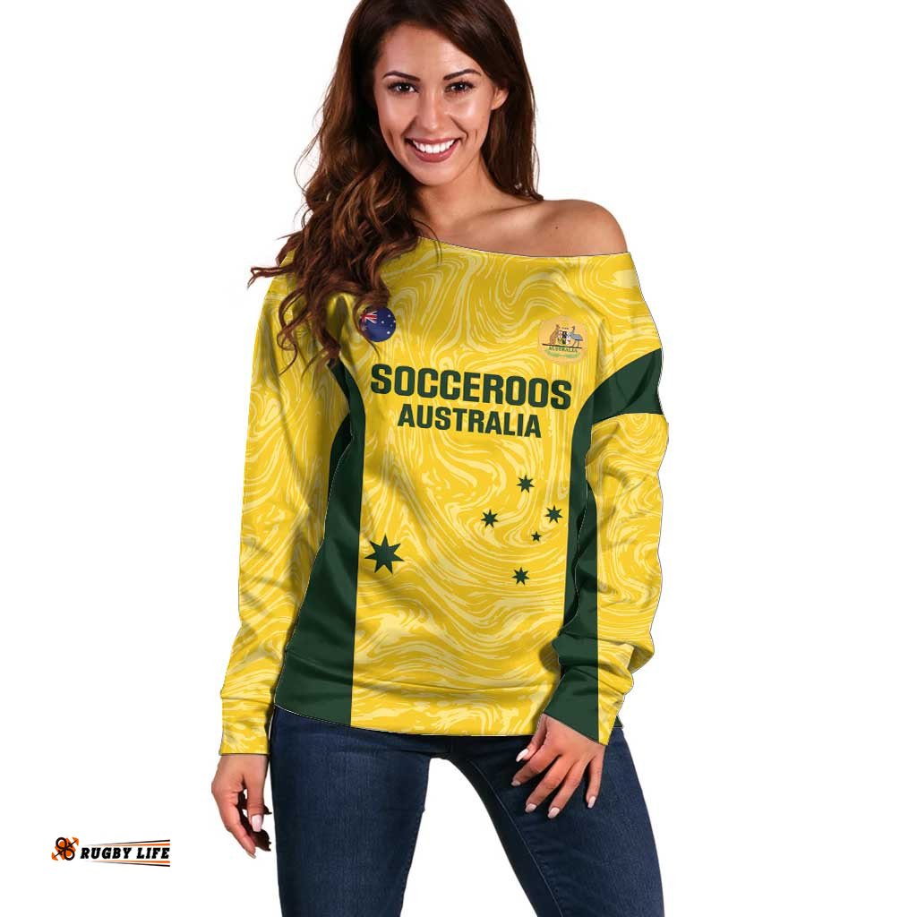 Custom Australia Socceroos Off Shoulder Sweater Go Aussie Marble Pattern Sporty Style