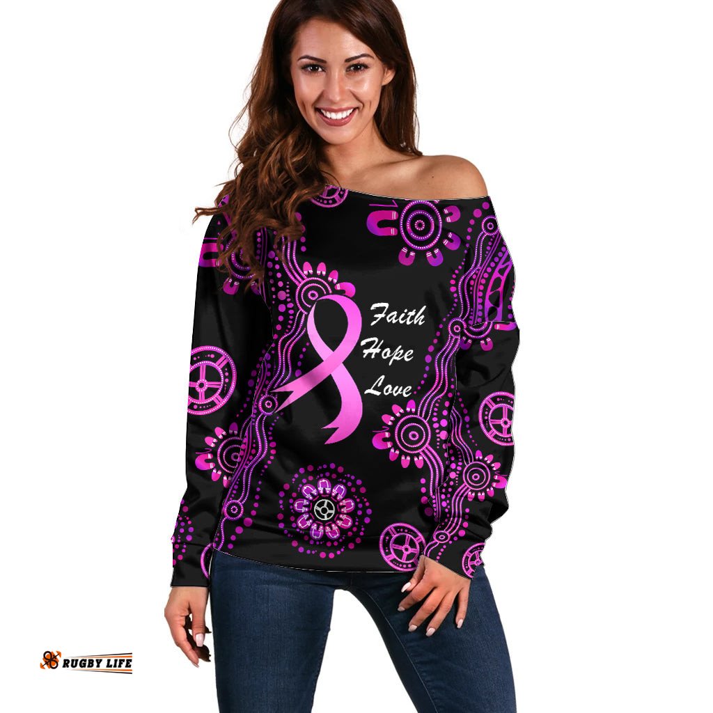 Personalised Faith Hope Love Australia Breast Cancer Off Shoulder Sweater Pink Ribbon Indigenous