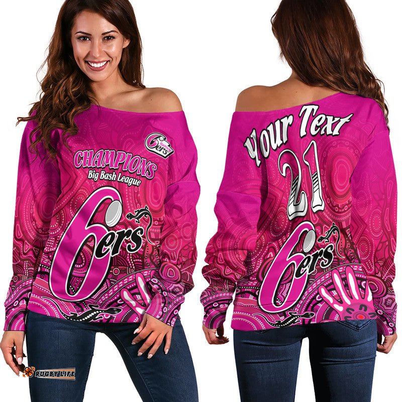 Custom Personalised Sydney Sixers Champions Women Off Shoulder Sweater Lizard Indigenous Aboriginal