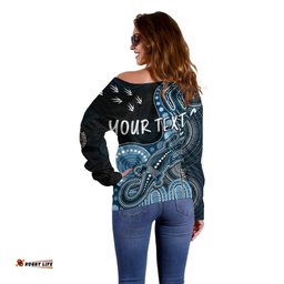 Personalised NAIDOC Week AFL Blues Off Shoulder Sweater Aboriginal Dot Art Lizard Mix Boomerang