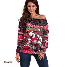 Merry Christmas AFL Swans Off Shoulder Sweater Aboriginal Santa Football Mascot