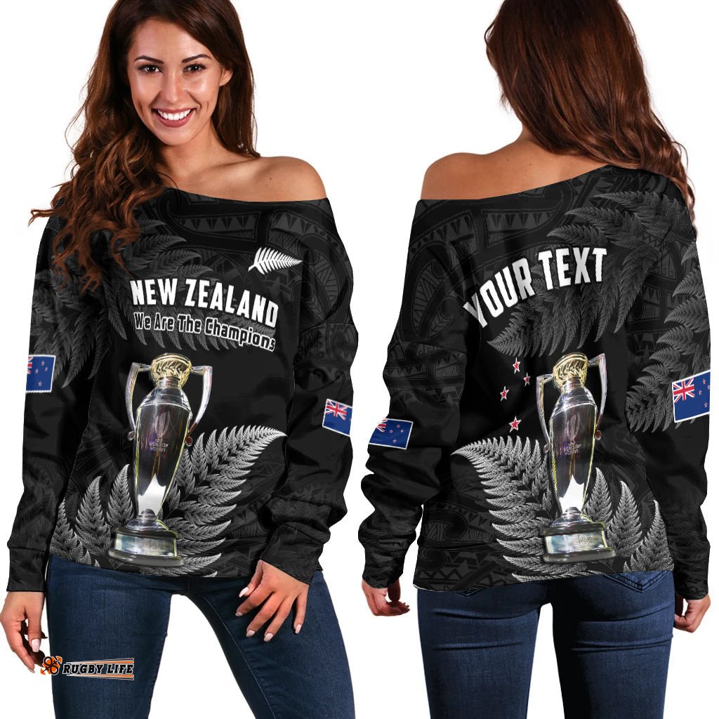 Custom Personalised New Zealand Rugby Off Shoulder Sweater Black Fern Proud Champions RWC