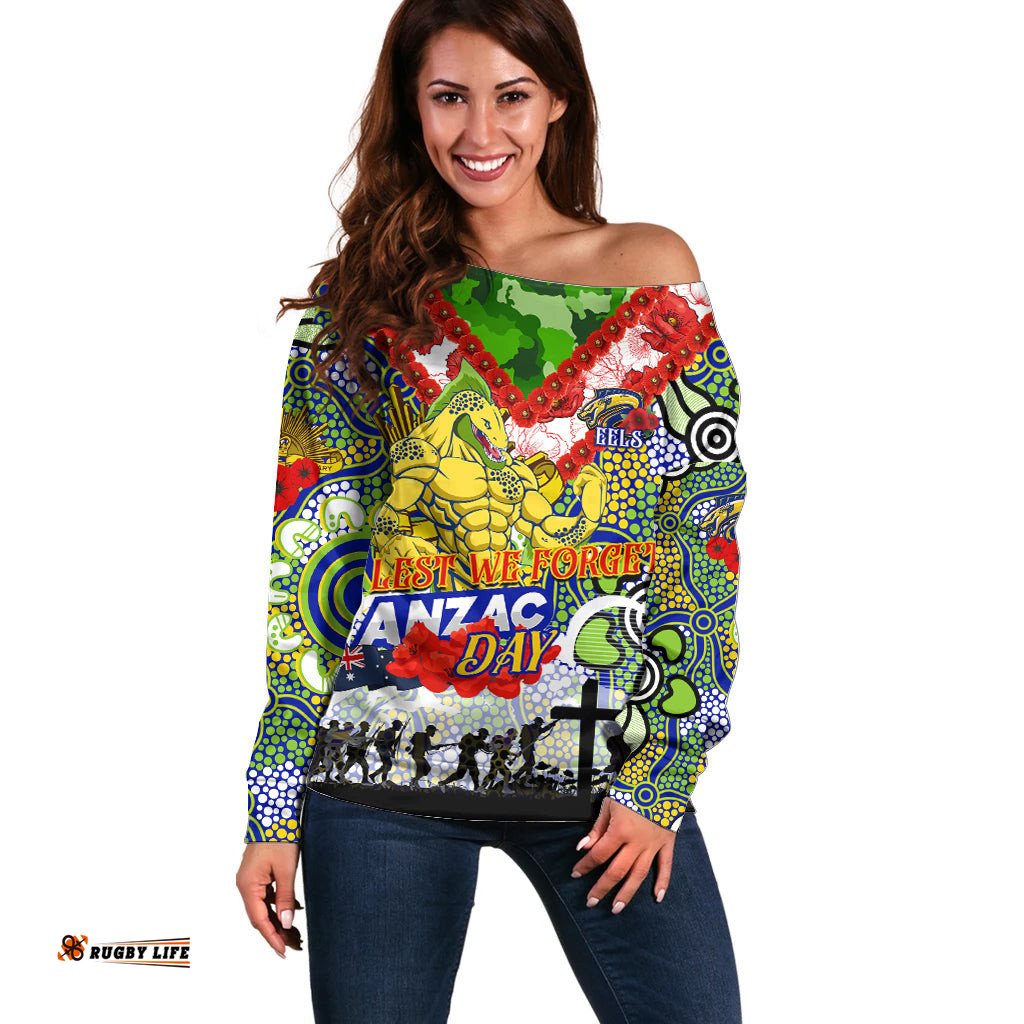 Personalised Eels ANZAC Day Off Shoulder Sweater Aboriginal Rising Sun