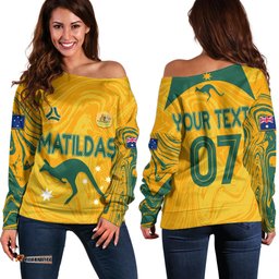 Personalised Aussie Matildas Off Shoulder Sweater Women World Cup Marble Patterns