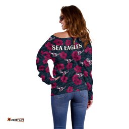Sea Eagles Rugby Off Shoulder Sweater Polynesian Style With Hibiscus