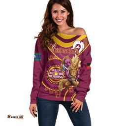 Custom NRL Broncos NAIDOC Week Off Shoulder Sweater Keep The Fire Burning Indigenous Art