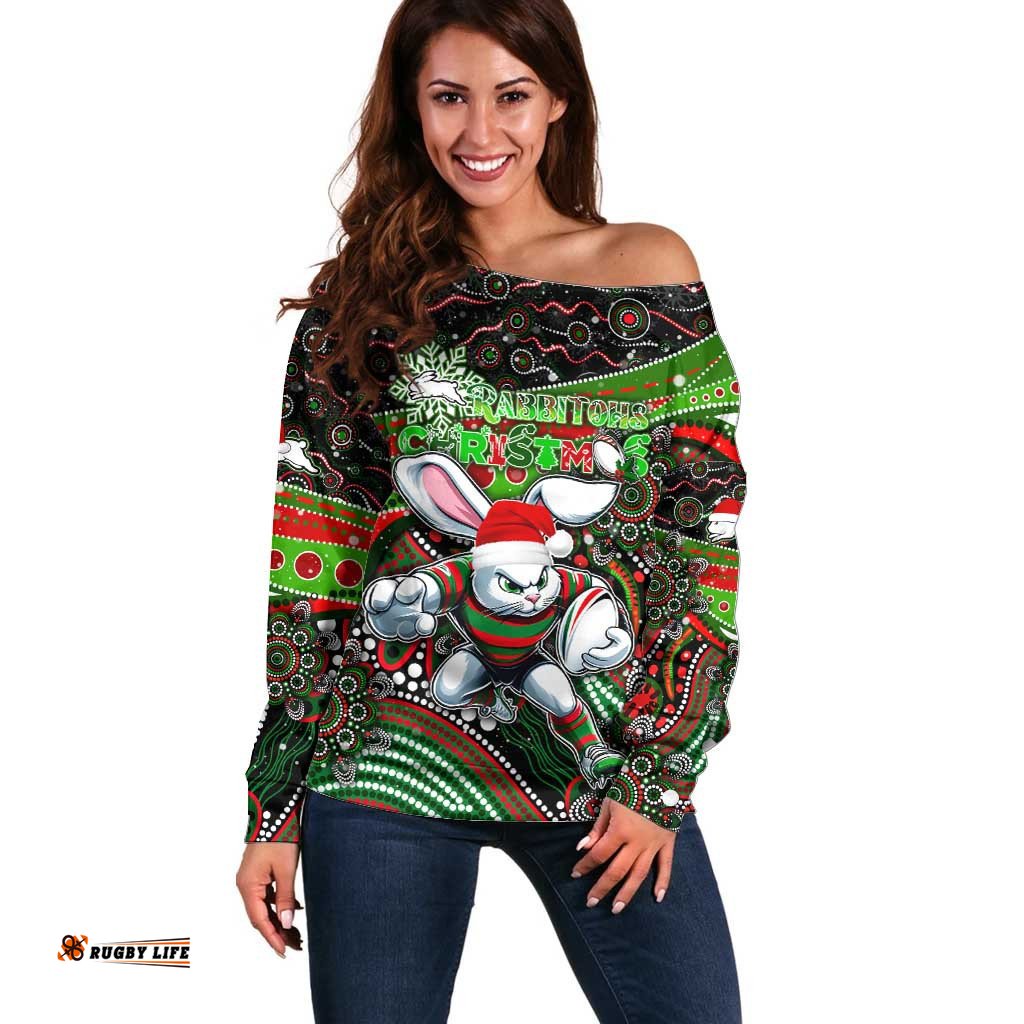 Merry Christmas Rabbitohs Off Shoulder Sweater Aboriginal Santa Rugby Mascot South Sydney Bunnies