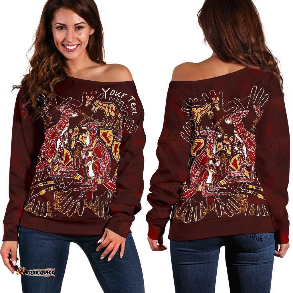 Custom Aboriginal Women's Off Shoulder Sweater Kangaroo family with Hand Art
