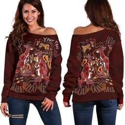 Custom Aboriginal Women's Off Shoulder Sweater Kangaroo family with Hand Art