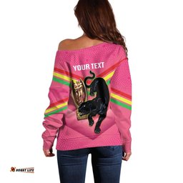 Personalised Panthers Rugby 2024 Off Shoulder Sweater Mascot With Trophy Go Champions Aboriginal Art Pink
